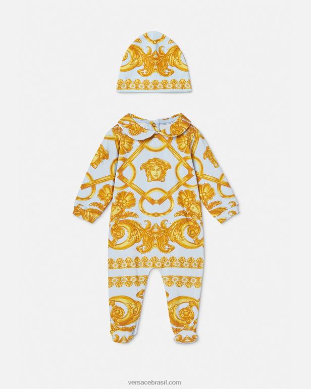 roupas P2TX1827 Versace conjunto de pijama bebê barocco 660 azul claro e dourado crianças