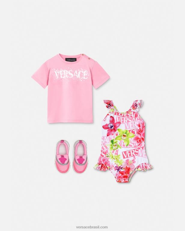 roupas P2TX1865 Versace logo orquídea bebê maiô branco e estampado crianças
