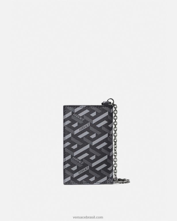 acessórios P2TX1652 Versace porta-cartões com corrente de assinatura la greca preto e cinza homens