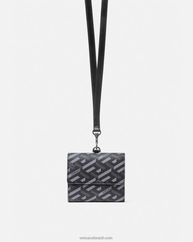 acessórios P2TX1653 Versace carteira tripla assinatura la greca preto e cinza homens