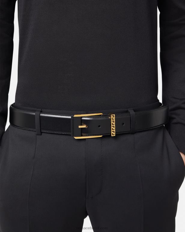 acessórios P2TX1615 Versace cinto de couro com detalhes Greca preto homens