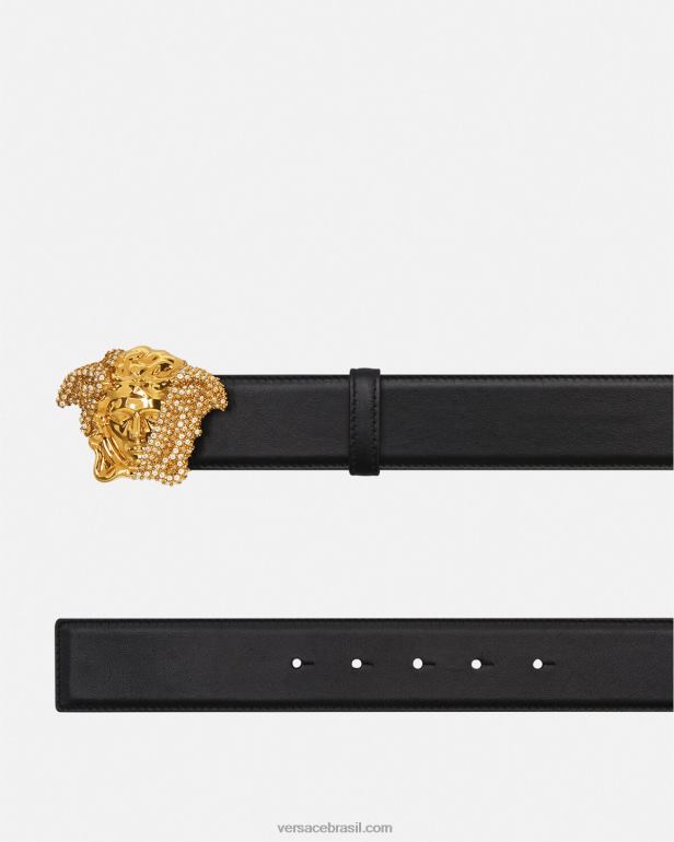 acessórios P2TX1618 Versace cinto de couro cristal la medusa preto homens