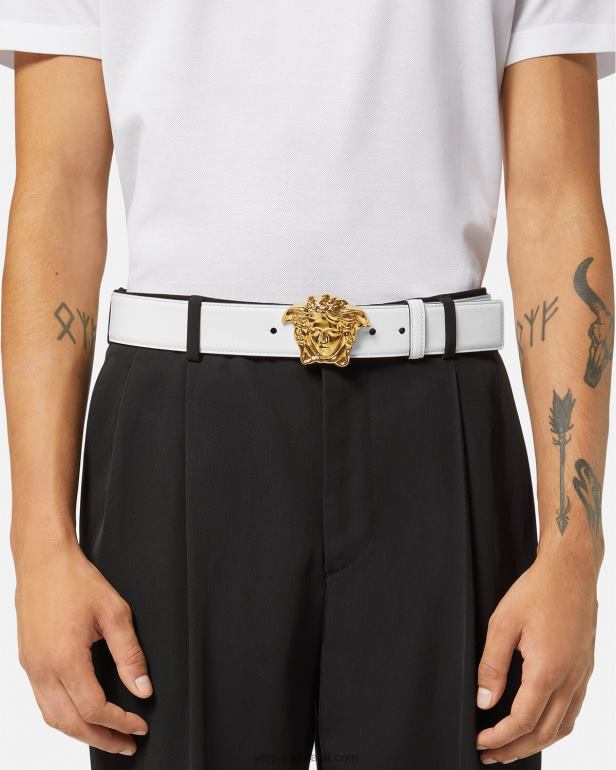 acessórios P2TX1622 Versace cinto de couro la medusa ouro Branco homens
