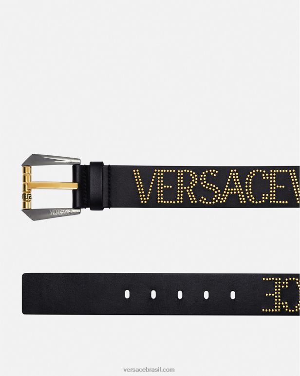acessórios P2TX1627 Versace cinto de couro com logo cravejado ouro Preto homens