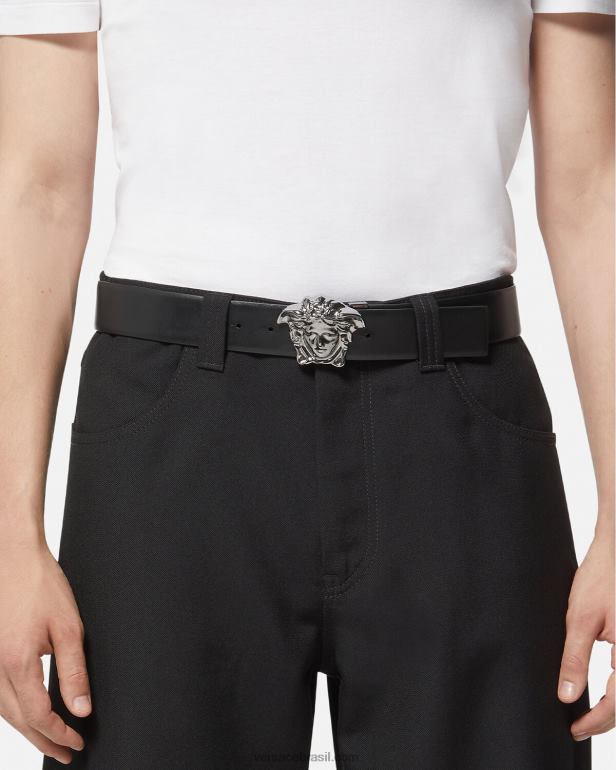 acessórios P2TX1628 Versace cinto reversível la greca medusa preto e cinza homens