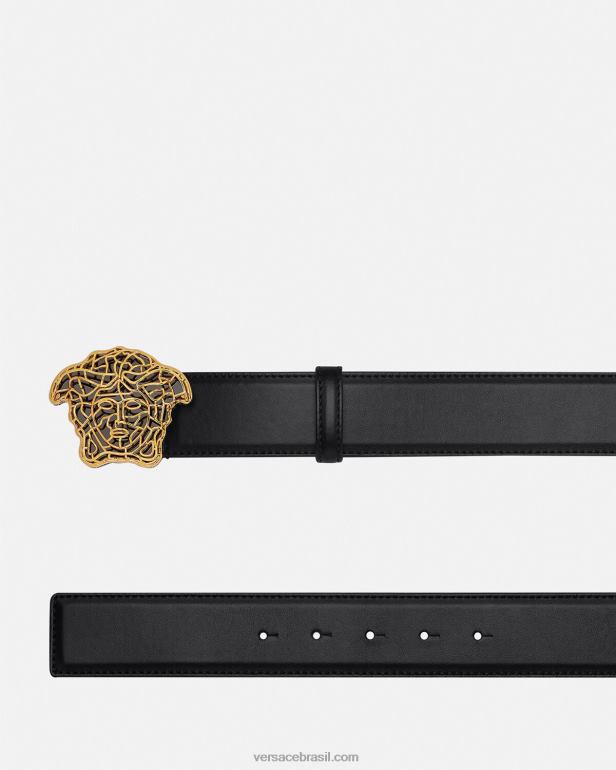 acessórios P2TX1630 Versace cinto de couro medusa ouro Preto homens