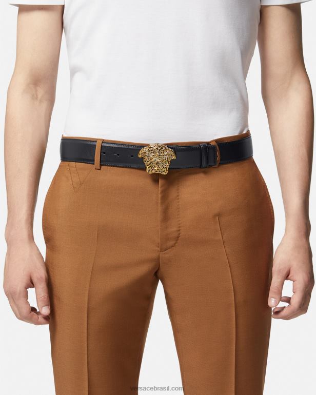 acessórios P2TX1630 Versace cinto de couro medusa ouro Preto homens