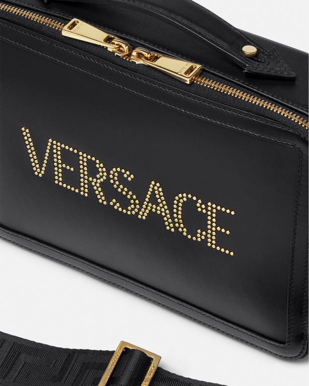 bolsas P2TX1502 Versace bolsa mensageiro com logo e tachas preto homens