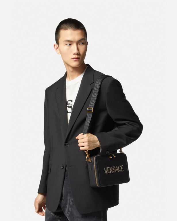 bolsas P2TX1502 Versace bolsa mensageiro com logo e tachas preto homens