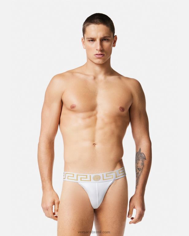 roupas íntimas e moda praia P2TX1776 Versace greca border jockstrap ouro Branco homens