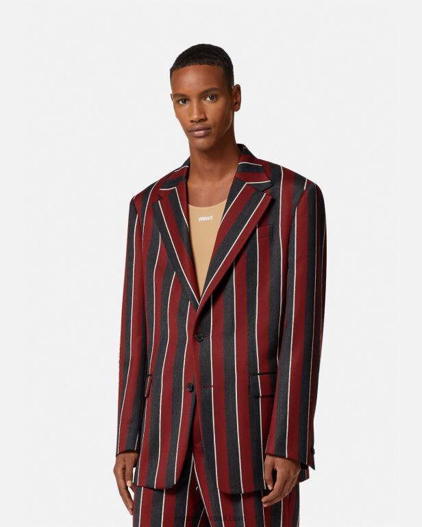 roupas P2TX1271 Versace blazer listrado com abotoamento único vermelho e cinza homens