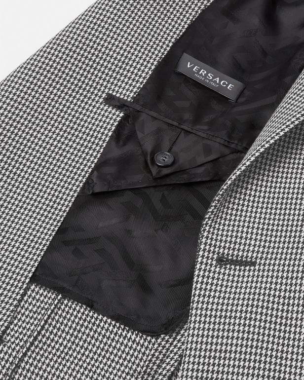 roupas P2TX1278 Versace blazer houndstooth com logotipo do time do colégio Preto branco homens