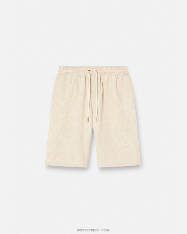 roupas P2TX1441 Versace shorts de cambraia silhueta barroco bege homens