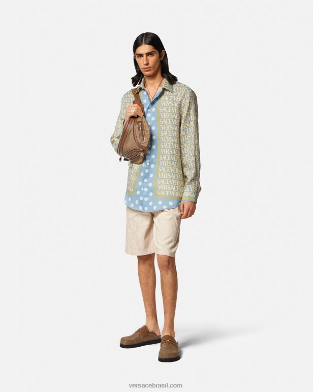 roupas P2TX1441 Versace shorts de cambraia silhueta barroco bege homens