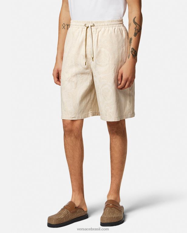 roupas P2TX1441 Versace shorts de cambraia silhueta barroco bege homens
