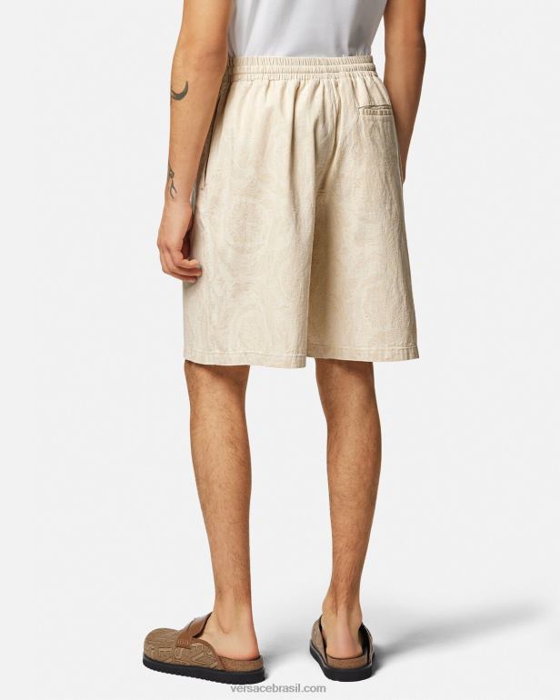 roupas P2TX1441 Versace shorts de cambraia silhueta barroco bege homens