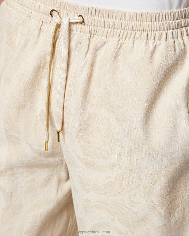 roupas P2TX1441 Versace shorts de cambraia silhueta barroco bege homens