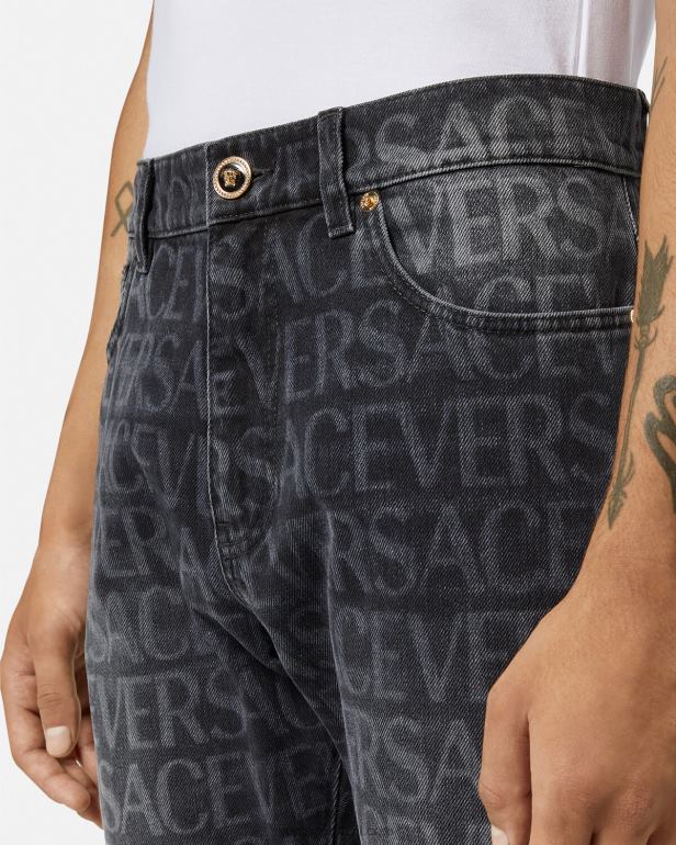 roupas P2TX1446 Versace calça jeans preto e estampado homens