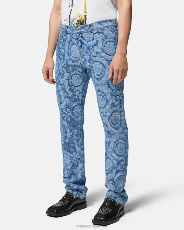 roupas P2TX1448 Versace calça jeans silhueta barroco azul e estampado homens