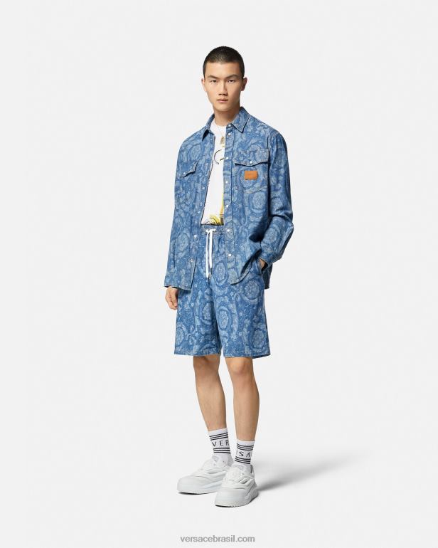 roupas P2TX1449 Versace short jeans silhueta barroco azul e estampado homens