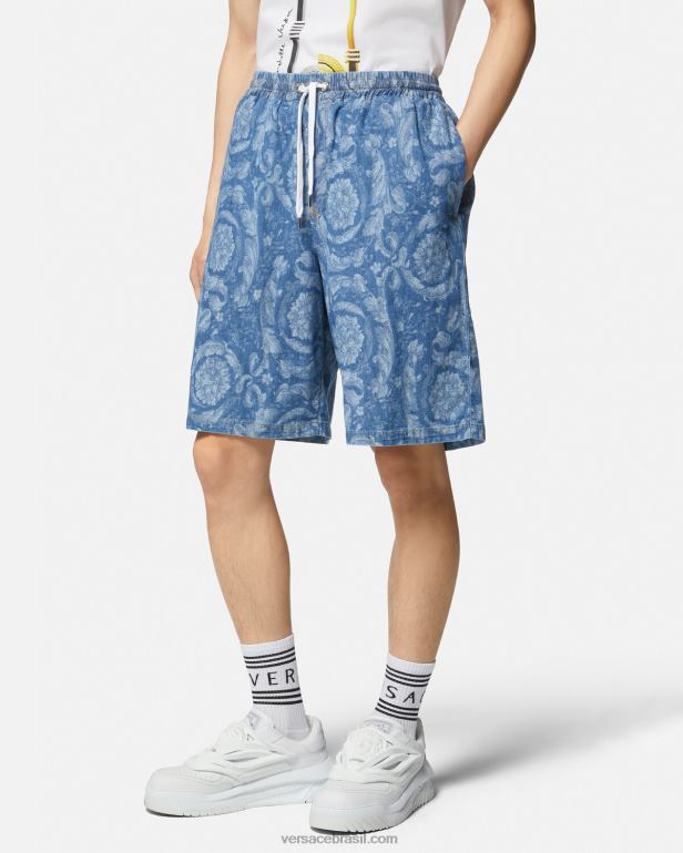 roupas P2TX1449 Versace short jeans silhueta barroco azul e estampado homens