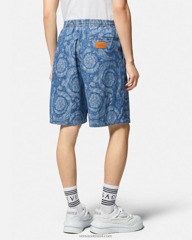 roupas P2TX1449 Versace short jeans silhueta barroco azul e estampado homens