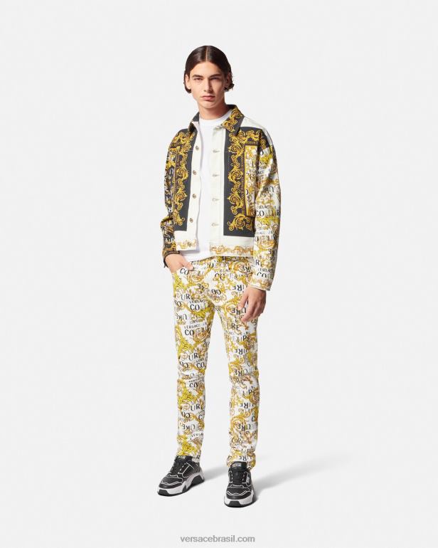roupas P2TX2428 Versace calça jeans slim fit com logo ouro e branco homens