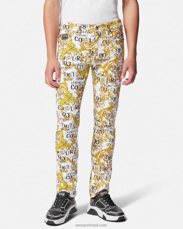 roupas P2TX2428 Versace calça jeans slim fit com logo ouro e branco homens