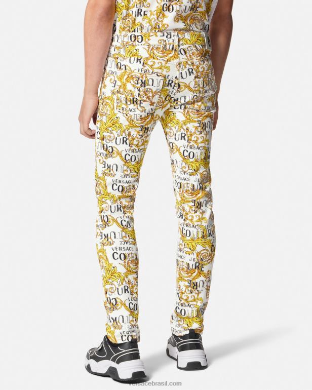 roupas P2TX2428 Versace calça jeans slim fit com logo ouro e branco homens