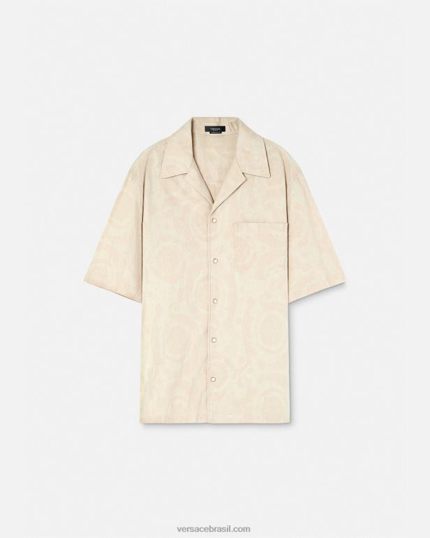 roupas P2TX1291 Versace camisa cambraia silhueta barroco bege homens