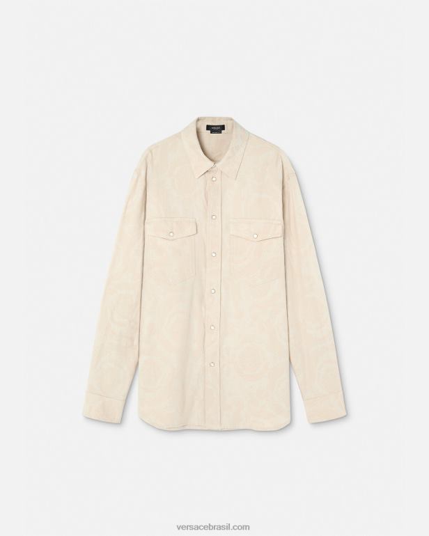 roupas P2TX1292 Versace camisa cambraia silhueta barroco bege homens