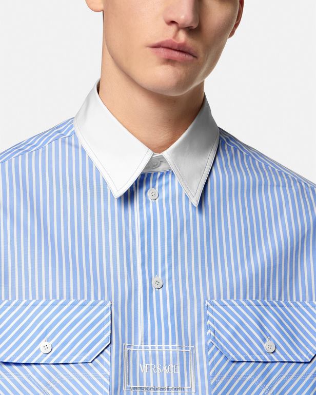 roupas P2TX1295 Versace camisa listrada com logo azul claro homens