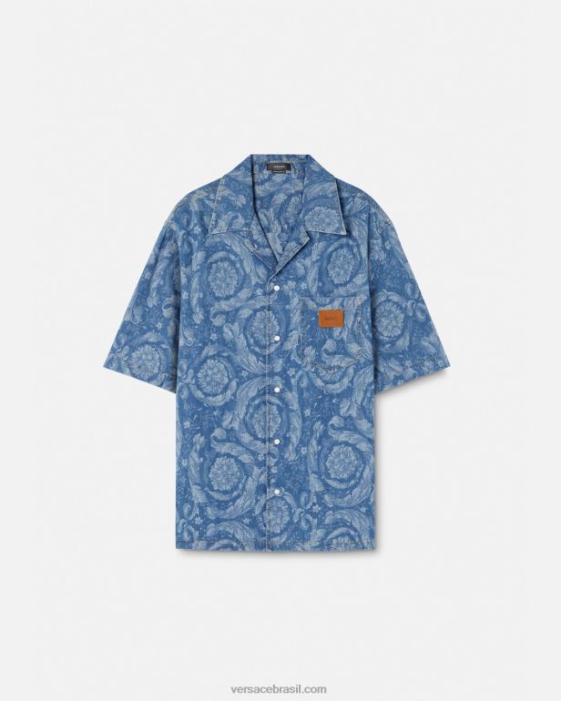 roupas P2TX1298 Versace camisa jeans silhueta barroco azul e estampado homens