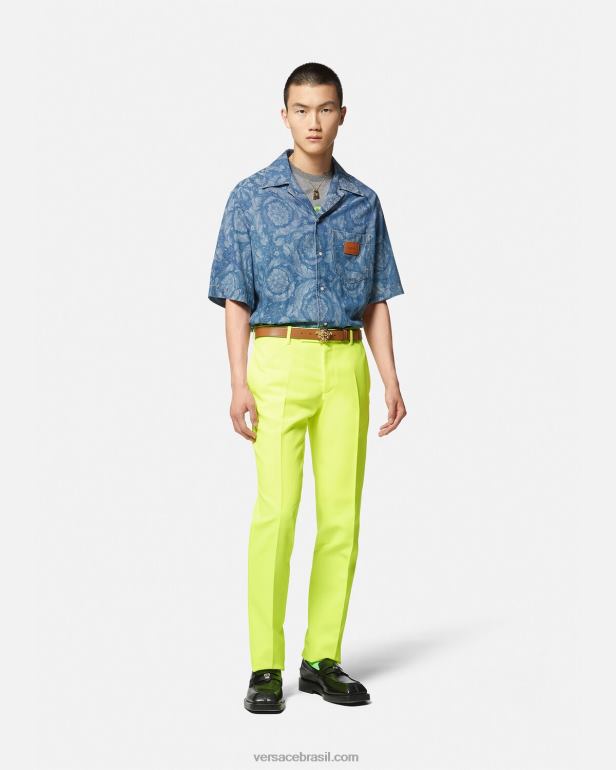 roupas P2TX1298 Versace camisa jeans silhueta barroco azul e estampado homens