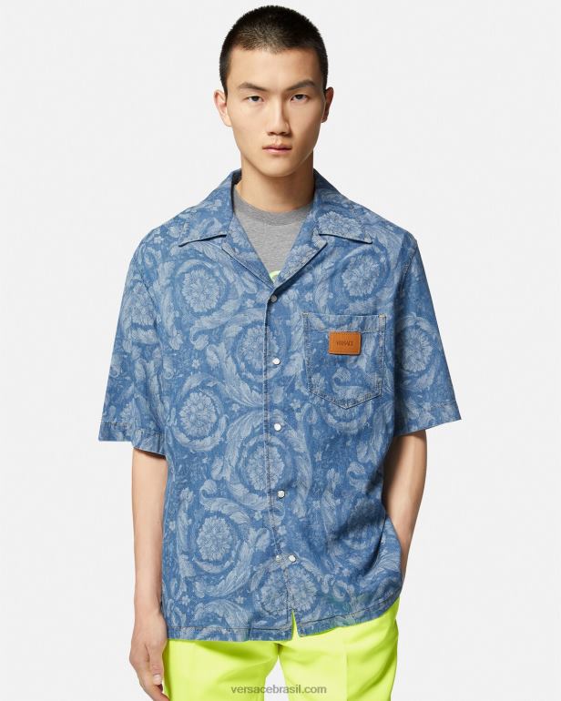 roupas P2TX1298 Versace camisa jeans silhueta barroco azul e estampado homens
