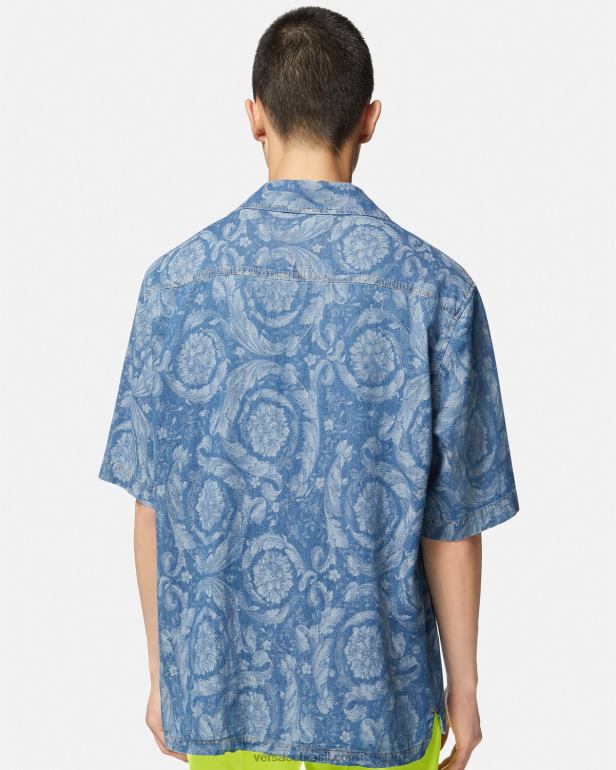roupas P2TX1298 Versace camisa jeans silhueta barroco azul e estampado homens