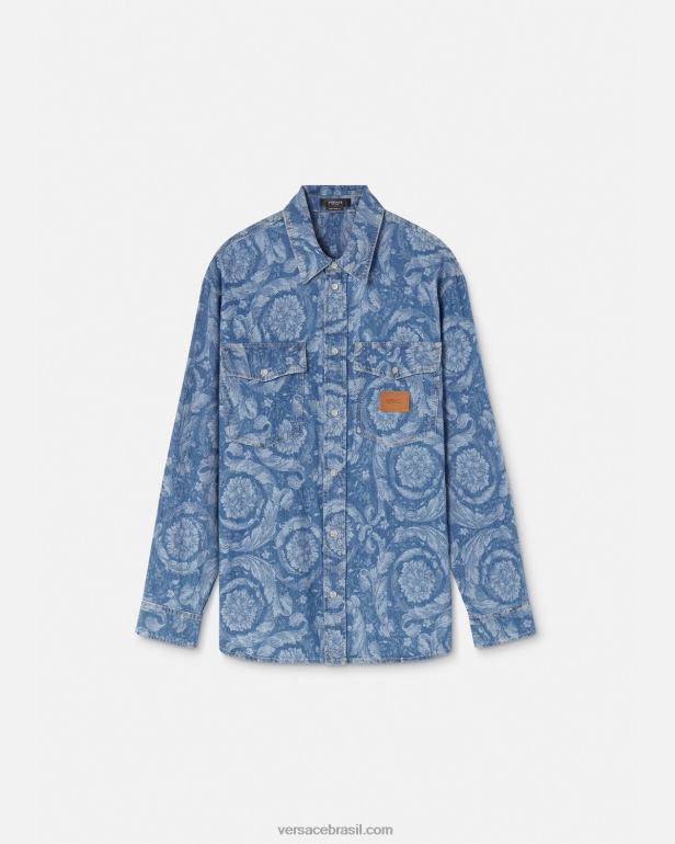 roupas P2TX1299 Versace camisa jeans jacquard barroco azul e estampado homens