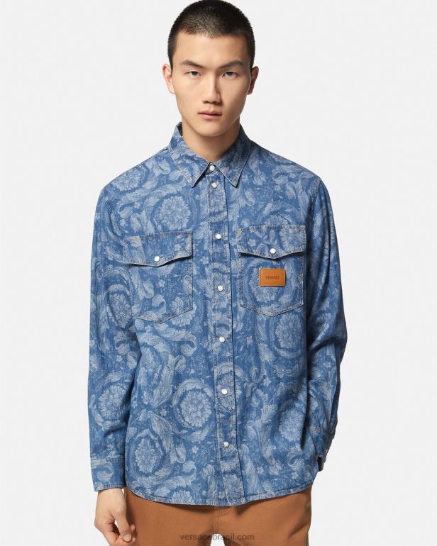 roupas P2TX1299 Versace camisa jeans jacquard barroco azul e estampado homens