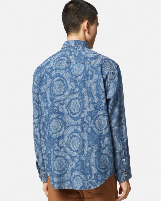 roupas P2TX1299 Versace camisa jeans jacquard barroco azul e estampado homens