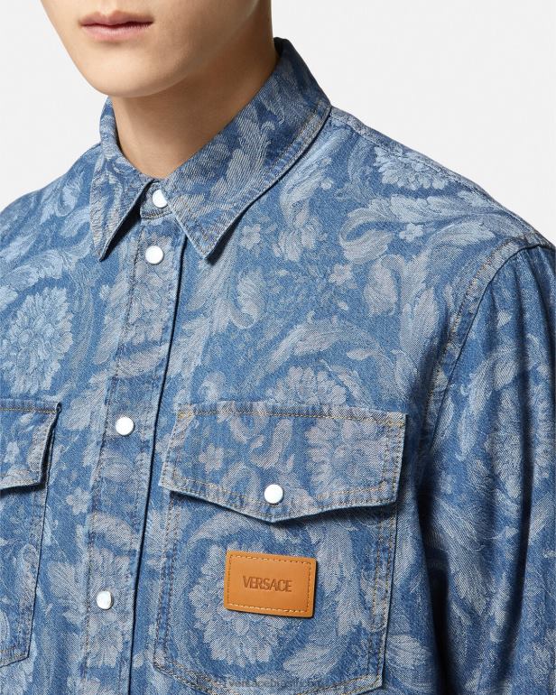 roupas P2TX1299 Versace camisa jeans jacquard barroco azul e estampado homens