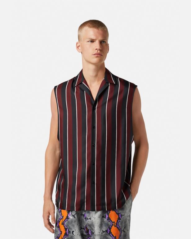 roupas P2TX1303 Versace camisa listrada de seda sem mangas vermelho e cinza homens