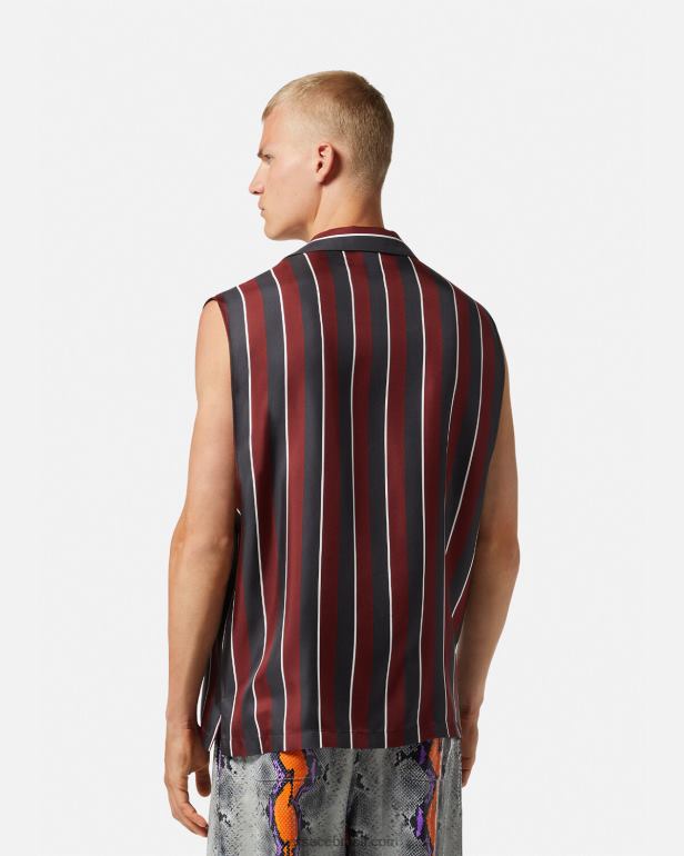 roupas P2TX1303 Versace camisa listrada de seda sem mangas vermelho e cinza homens