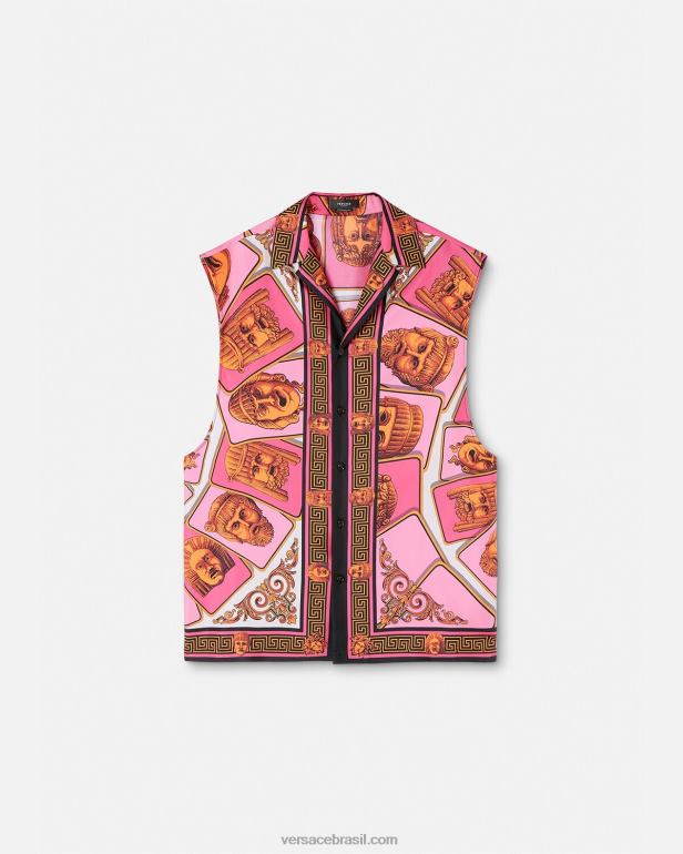 roupas P2TX1304 Versace camisa de seda sem mangas le maschere rosa e estampado homens