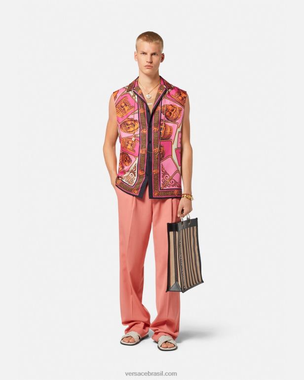 roupas P2TX1304 Versace camisa de seda sem mangas le maschere rosa e estampado homens