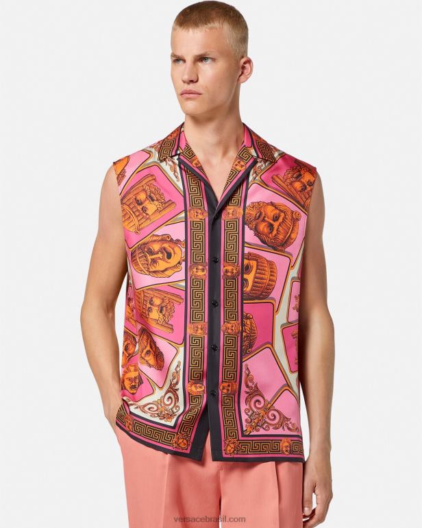 roupas P2TX1304 Versace camisa de seda sem mangas le maschere rosa e estampado homens
