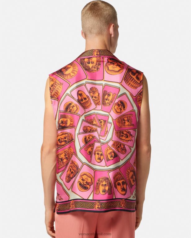 roupas P2TX1304 Versace camisa de seda sem mangas le maschere rosa e estampado homens