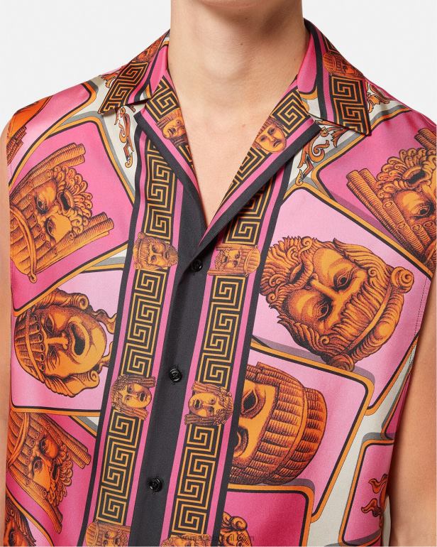 roupas P2TX1304 Versace camisa de seda sem mangas le maschere rosa e estampado homens