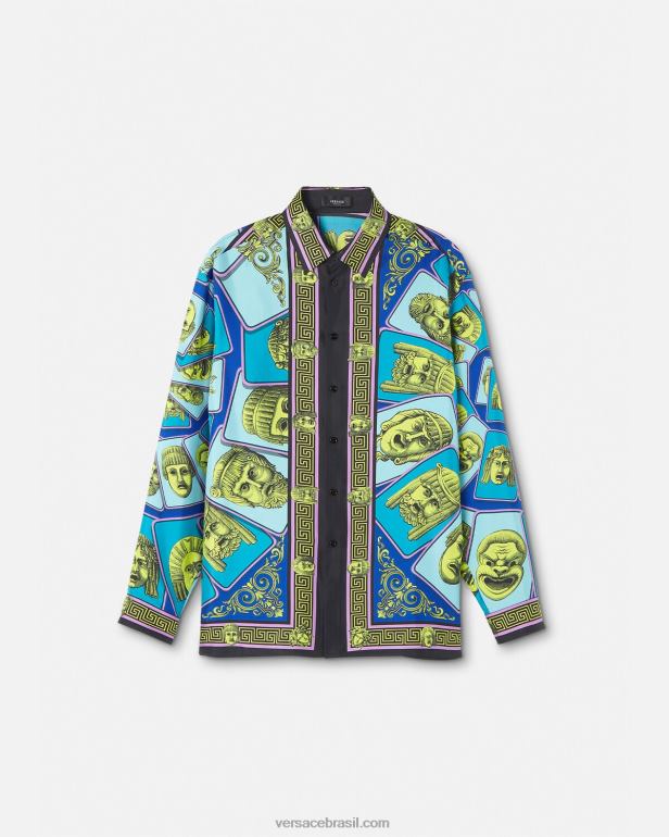 roupas P2TX1305 Versace camisa de seda le maschere imprimir homens