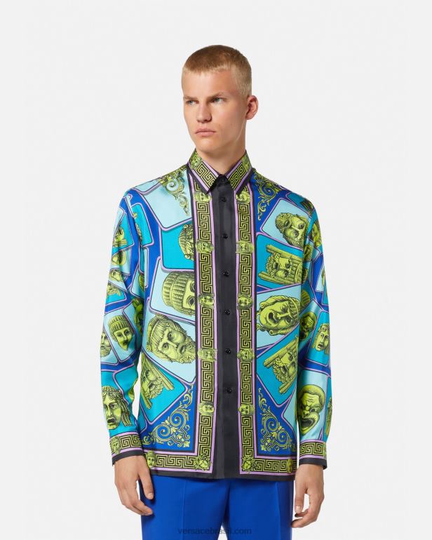 roupas P2TX1305 Versace camisa de seda le maschere imprimir homens
