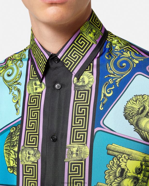 roupas P2TX1305 Versace camisa de seda le maschere imprimir homens